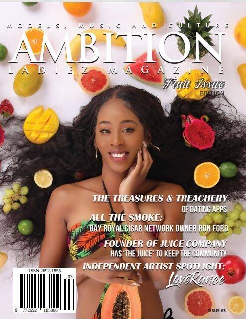 magazine cover with lady lying on fruit
